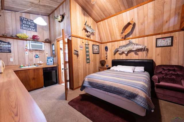 8880 Fm 729, Avinger, TX 75630 - carpeted bedroom with a wall unit AC, a sink, and wood walls