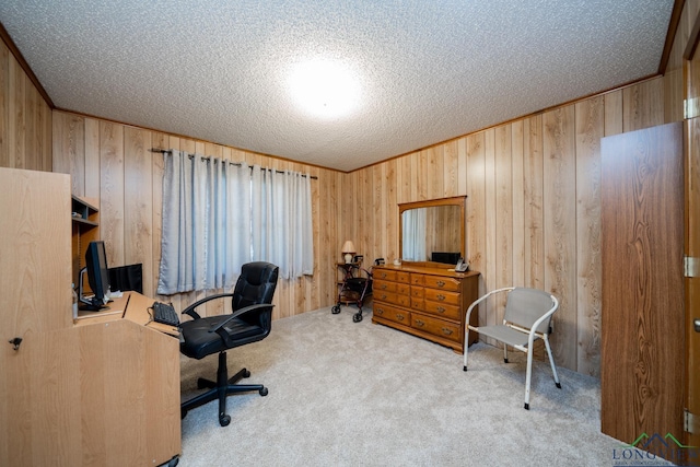 carpeted office with wooden walls