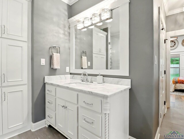bathroom featuring wood finished floors, vanity, ornamental molding, and baseboards