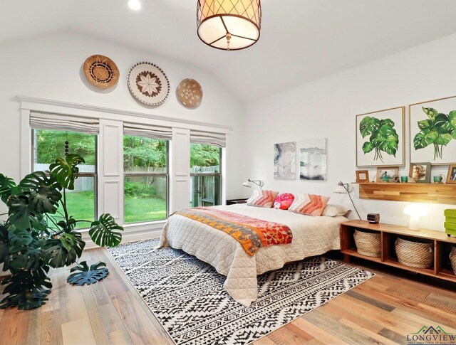 bedroom featuring wood finished floors and vaulted ceiling