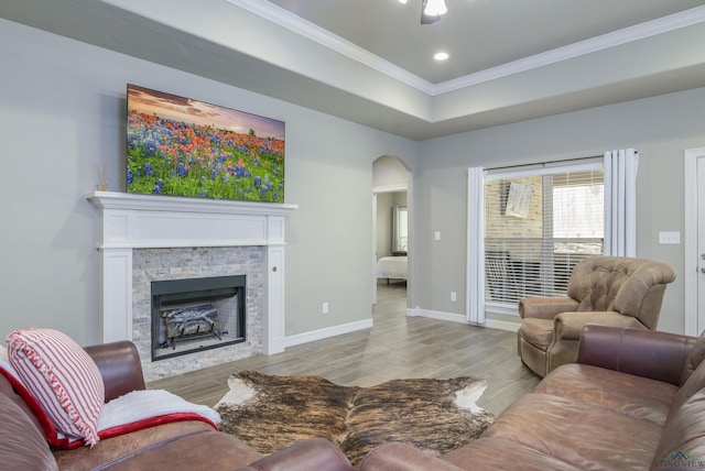 living room featuring a raised ceiling, ornamental molding, a stone fireplace, and light hardwood / wood-style floors