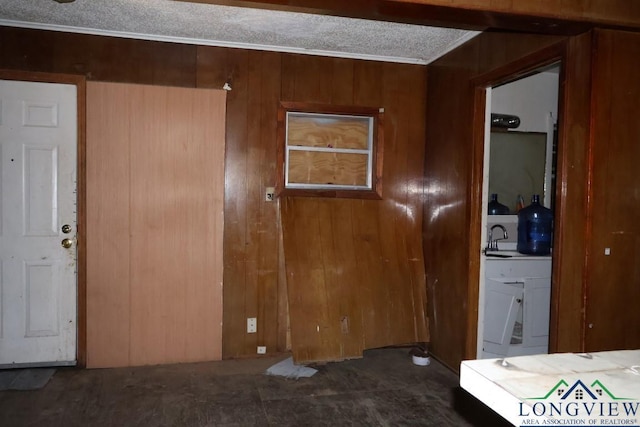 empty room featuring ornamental molding, wooden walls, and sink