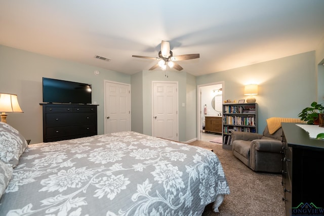 carpeted bedroom featuring ceiling fan and connected bathroom