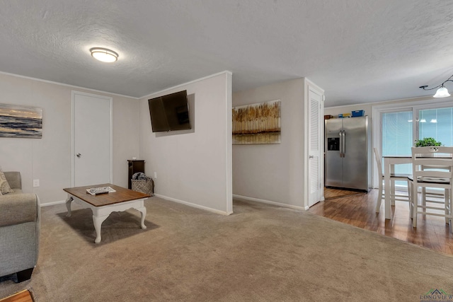 carpeted living room with a textured ceiling