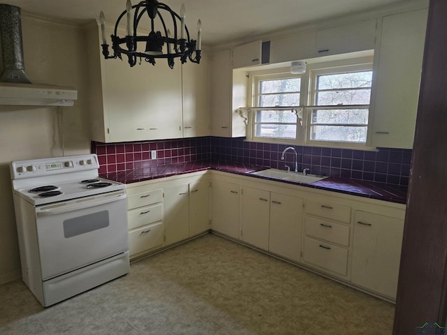 kitchen featuring a sink, electric stove, backsplash, tile counters, and range hood