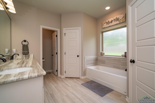 bathroom with vanity, wood-type flooring, and a tub