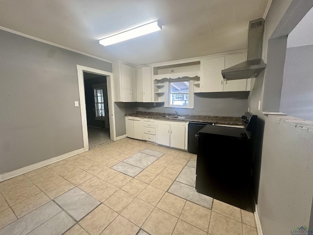 kitchen featuring white cabinetry, black dishwasher, light tile patterned floors, and ventilation hood