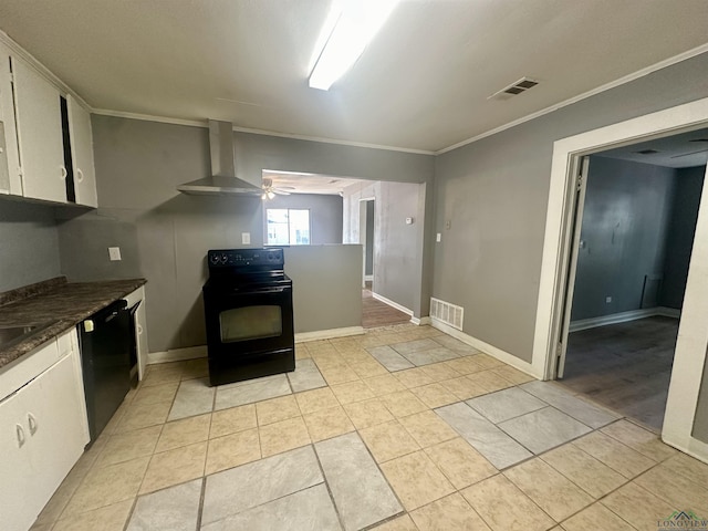 kitchen with black appliances, wall chimney exhaust hood, light tile patterned flooring, and white cabinets