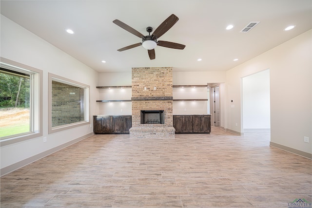 367 Emma, Diana, TX 75640 - unfurnished living room with visible vents, ceiling fan, baseboards, light wood-type flooring, and recessed lighting