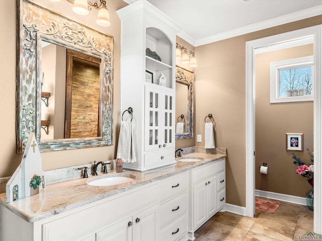 bathroom with vanity and ornamental molding