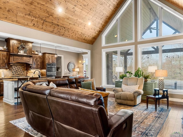 living room featuring dark hardwood / wood-style flooring, ornamental molding, high vaulted ceiling, and wooden ceiling