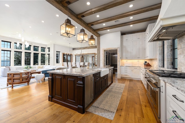 kitchen featuring ventilation hood, sink, premium appliances, white cabinetry, and dark brown cabinets