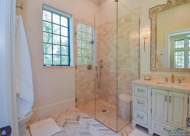 bathroom featuring vanity, an enclosed shower, and toilet