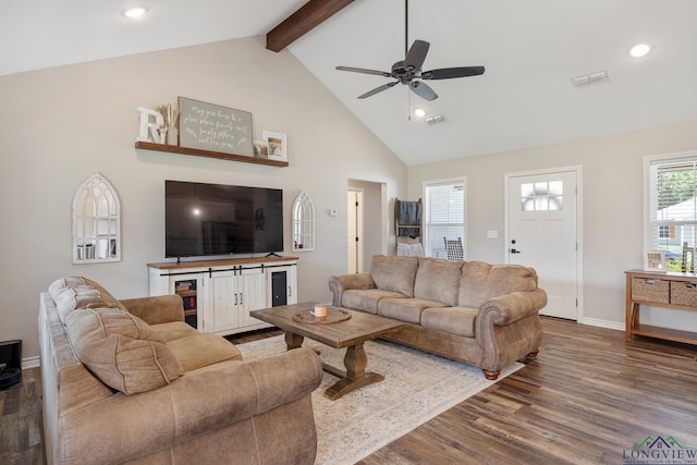 144 Brenlind Ln, Mineola, TX 75773 - living area featuring wood finished floors, ceiling fan, beamed ceiling, recessed lighting, and high vaulted ceiling