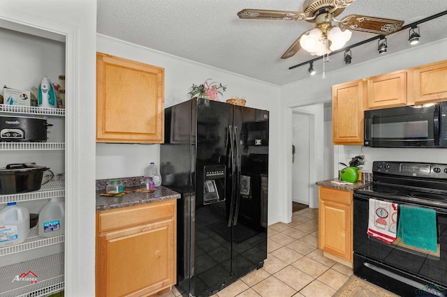 kitchen featuring ceiling fan, light brown cabinets, a textured ceiling, light tile patterned floors, and black appliances