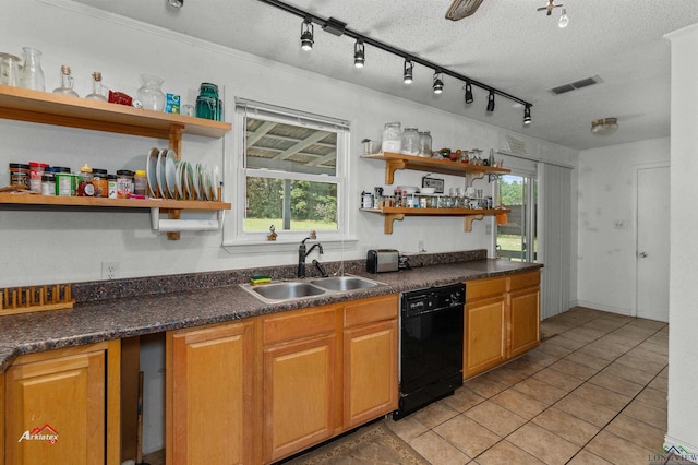 kitchen with dishwasher, a healthy amount of sunlight, a textured ceiling, and sink