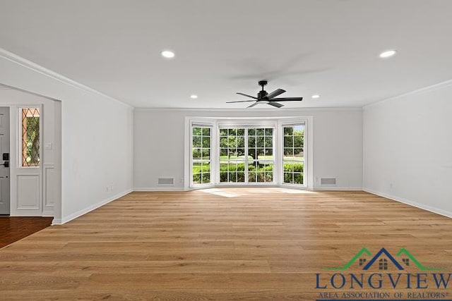 unfurnished living room featuring light hardwood / wood-style flooring, ceiling fan, and crown molding