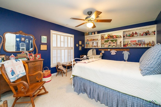 bedroom featuring carpet flooring and ceiling fan