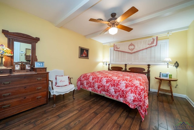 bedroom featuring ceiling fan, beamed ceiling, and dark wood-type flooring