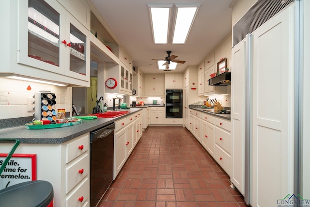 kitchen featuring sink, white cabinetry, ceiling fan, and black appliances