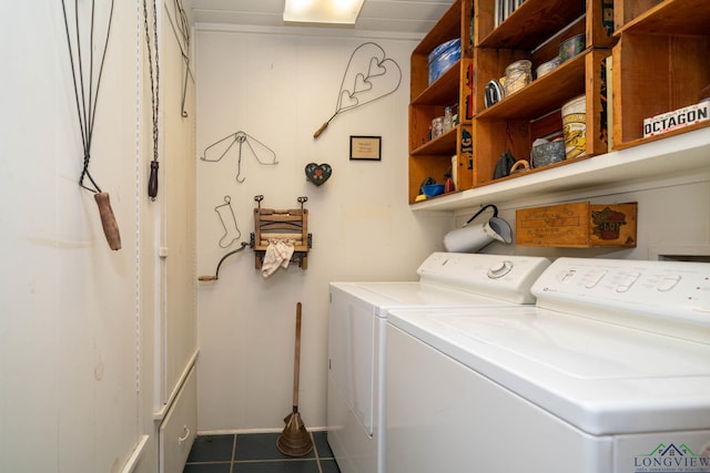 laundry room with washing machine and dryer and dark tile patterned floors