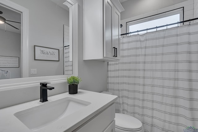 bathroom with vanity, toilet, and curtained shower