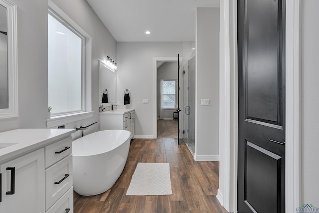 bathroom featuring hardwood / wood-style flooring, plus walk in shower, and vanity