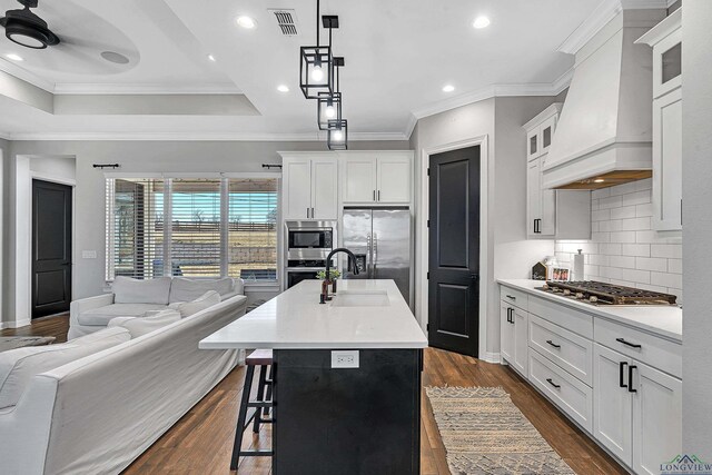 kitchen featuring white cabinetry, appliances with stainless steel finishes, custom exhaust hood, and a center island with sink