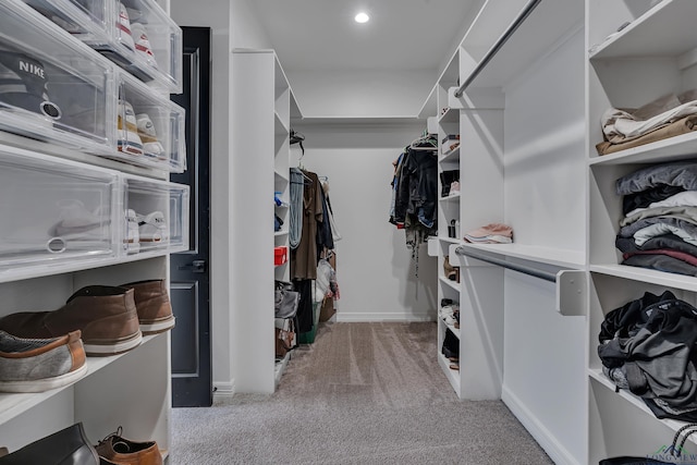 spacious closet featuring light colored carpet