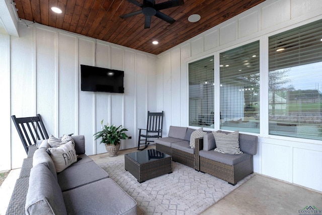 4205 Savannah Hills Ln, Longview, TX 75605 - living area with a ceiling fan, wood ceiling, a decorative wall, and recessed lighting