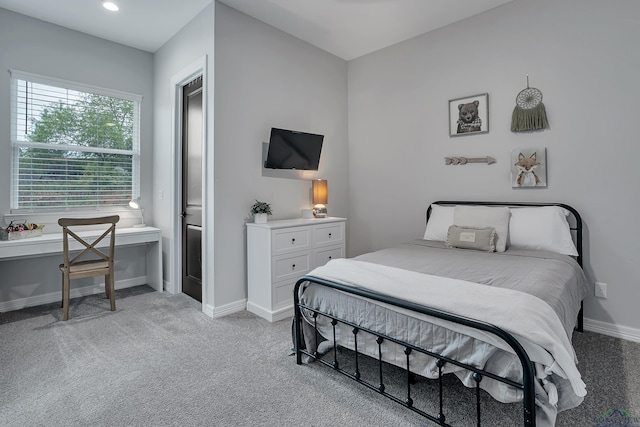 bedroom featuring light colored carpet