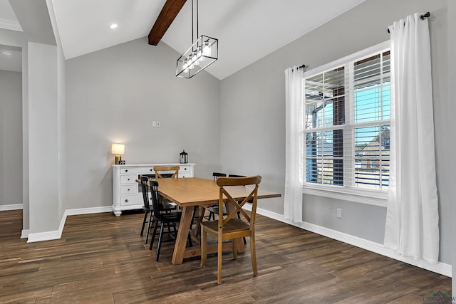 dining room featuring lofted ceiling with beams and dark hardwood / wood-style flooring