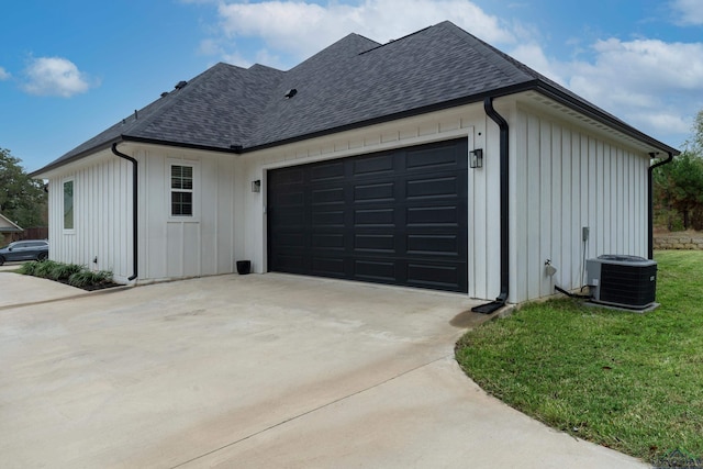 4205 Savannah Hills Ln, Longview, TX 75605 - view of side of property with driveway, roof with shingles, an attached garage, board and batten siding, and a lawn