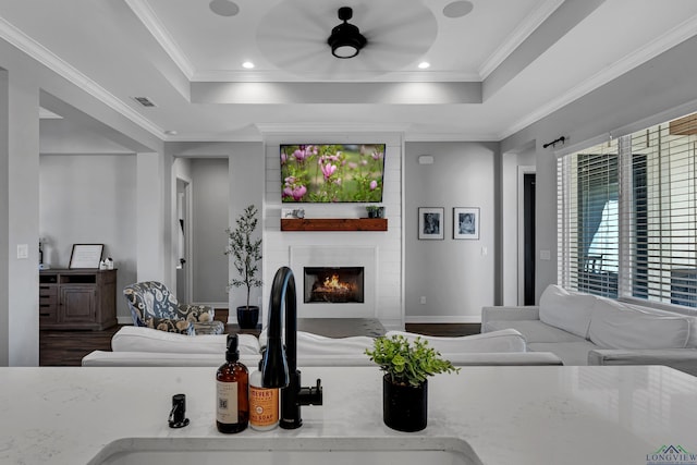 living room with a raised ceiling, crown molding, a large fireplace, and sink