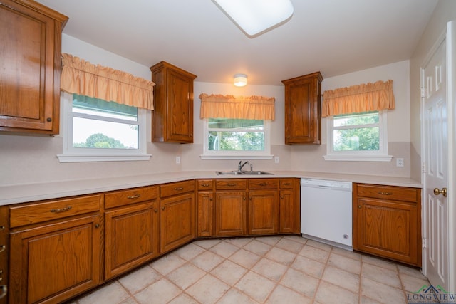 kitchen with white dishwasher, sink, and tasteful backsplash