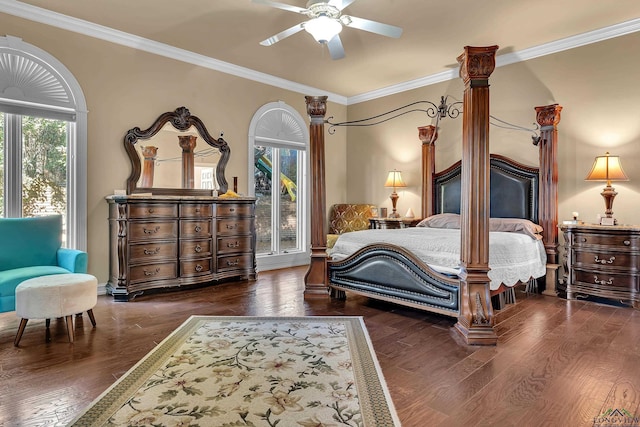 bedroom featuring ceiling fan, dark wood-type flooring, and ornamental molding