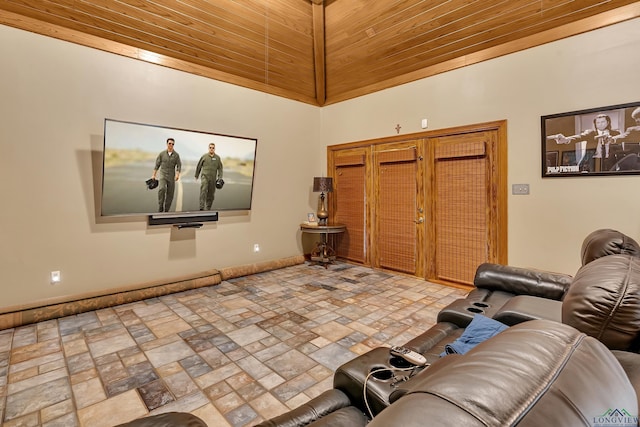 living room featuring lofted ceiling and wood ceiling