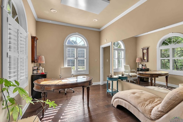 interior space with ornamental molding and dark wood-type flooring