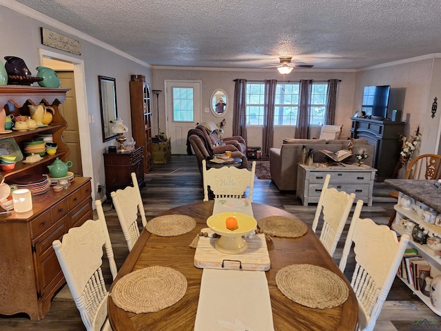 dining space featuring crown molding, dark wood-type flooring, a wealth of natural light, and a textured ceiling