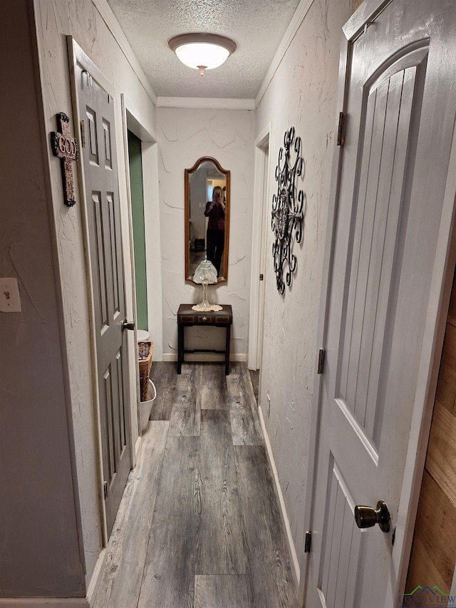 hall with hardwood / wood-style flooring, crown molding, and a textured ceiling