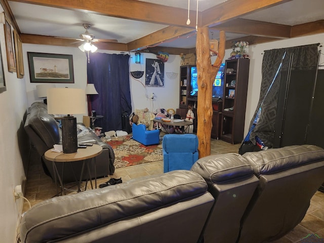 living room with beam ceiling and ceiling fan