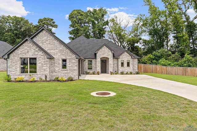 french provincial home featuring a fire pit and a front lawn