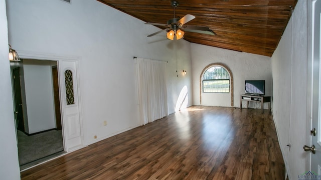 unfurnished living room featuring lofted ceiling, dark hardwood / wood-style floors, wood ceiling, and ceiling fan