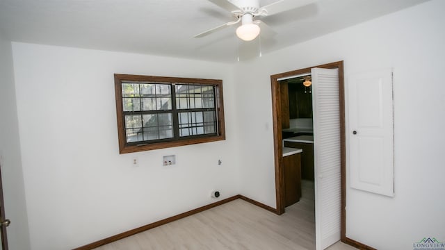 laundry room featuring ceiling fan, light hardwood / wood-style flooring, washer hookup, and hookup for an electric dryer