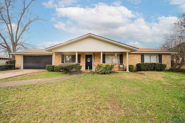 ranch-style home with a porch, a garage, and a front lawn