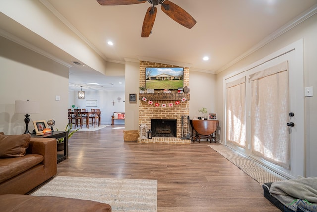 living room with crown molding, wood-type flooring, ceiling fan, and a fireplace