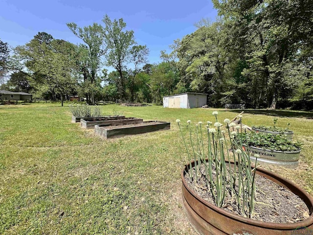 view of yard with a garden, an outbuilding, and a storage shed