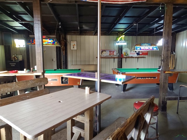 rec room featuring billiards and concrete flooring
