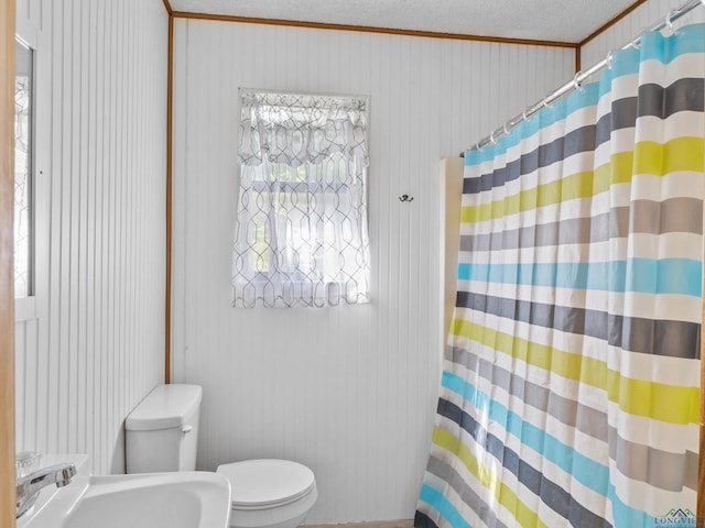 bathroom featuring toilet, sink, wooden walls, and ornamental molding