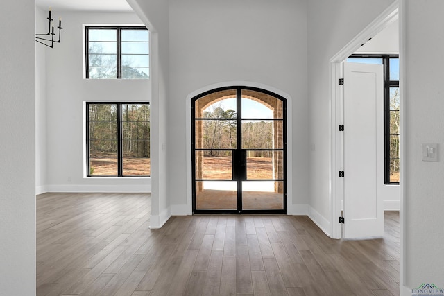 entrance foyer featuring a wealth of natural light, a high ceiling, and light wood-type flooring